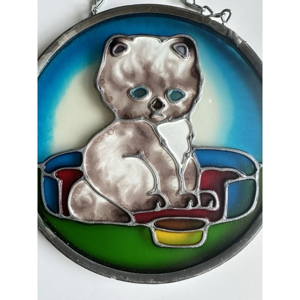 Vtg JOAN BAKER Designs Cat in Bed Stained Glass Hanging Suncatcher 6.25